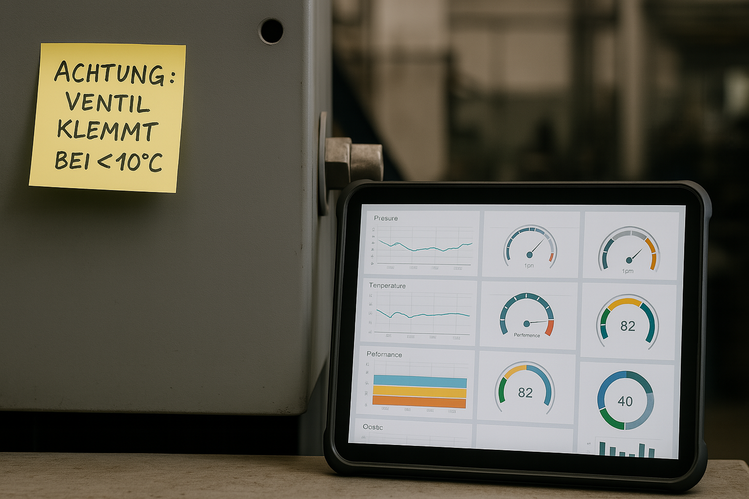 Tablet an einer Industrieanlage mit einem Post-It