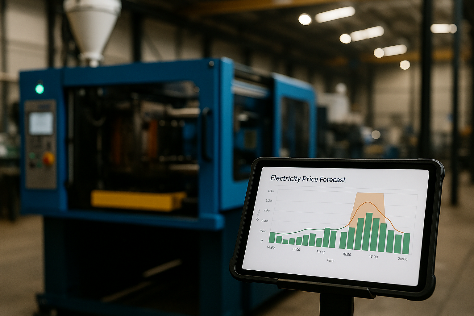 Tablet mit Strompreis-Forecast in einer Fabrikhalle